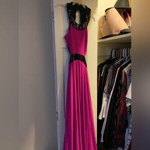 Betsy & Adam Fuchsia Maxi Gown with Black Sequin Accents